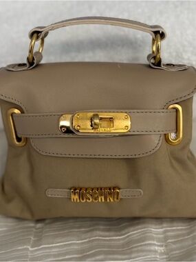 Chic & Fun Vintage 1990s Moschino Mini Kelly Bag Tan Leather & Nylon Belt Loop